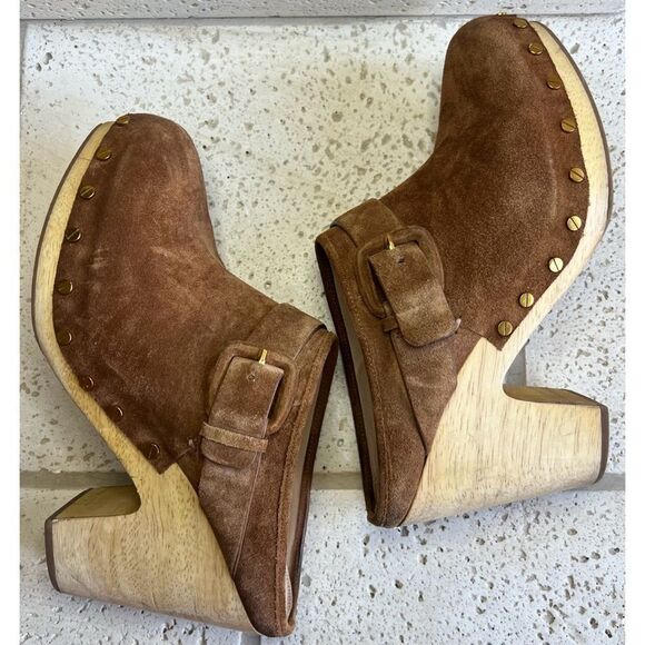 Veronica Beard Dacey Heeled Slip On Clogs Brown Suede Clogs Gold Accents Sz 11 - Picture 10 of 15